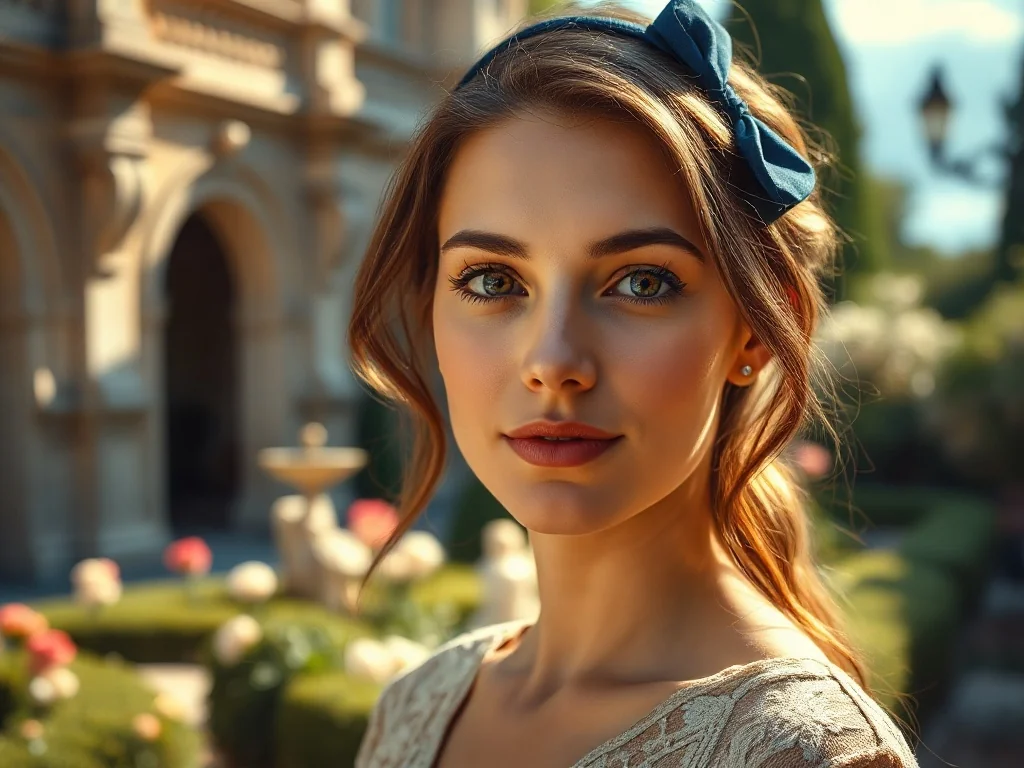 Portret młodej kobiety w słonecznym, zabytkowym ogrodzie, podkreślający klasyczne piękno i elegancję.