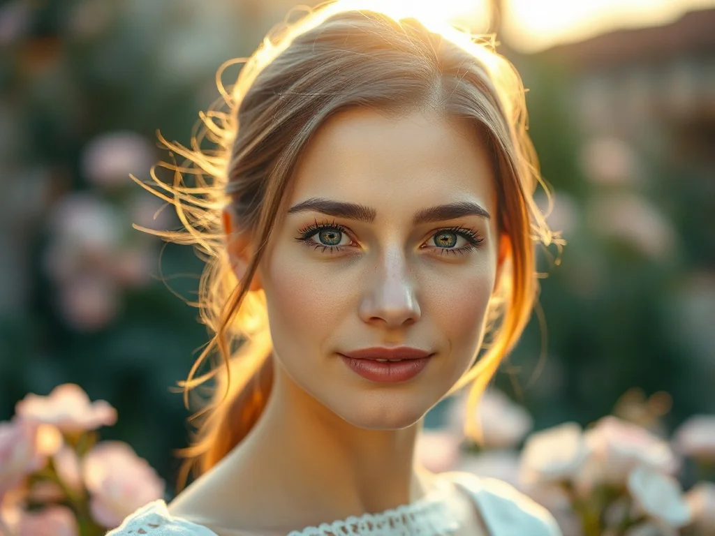 Portret młodej kobiety o łagodnym wyrazie twarzy, pozującej w słonecznym, kwitnącym ogrodzie.